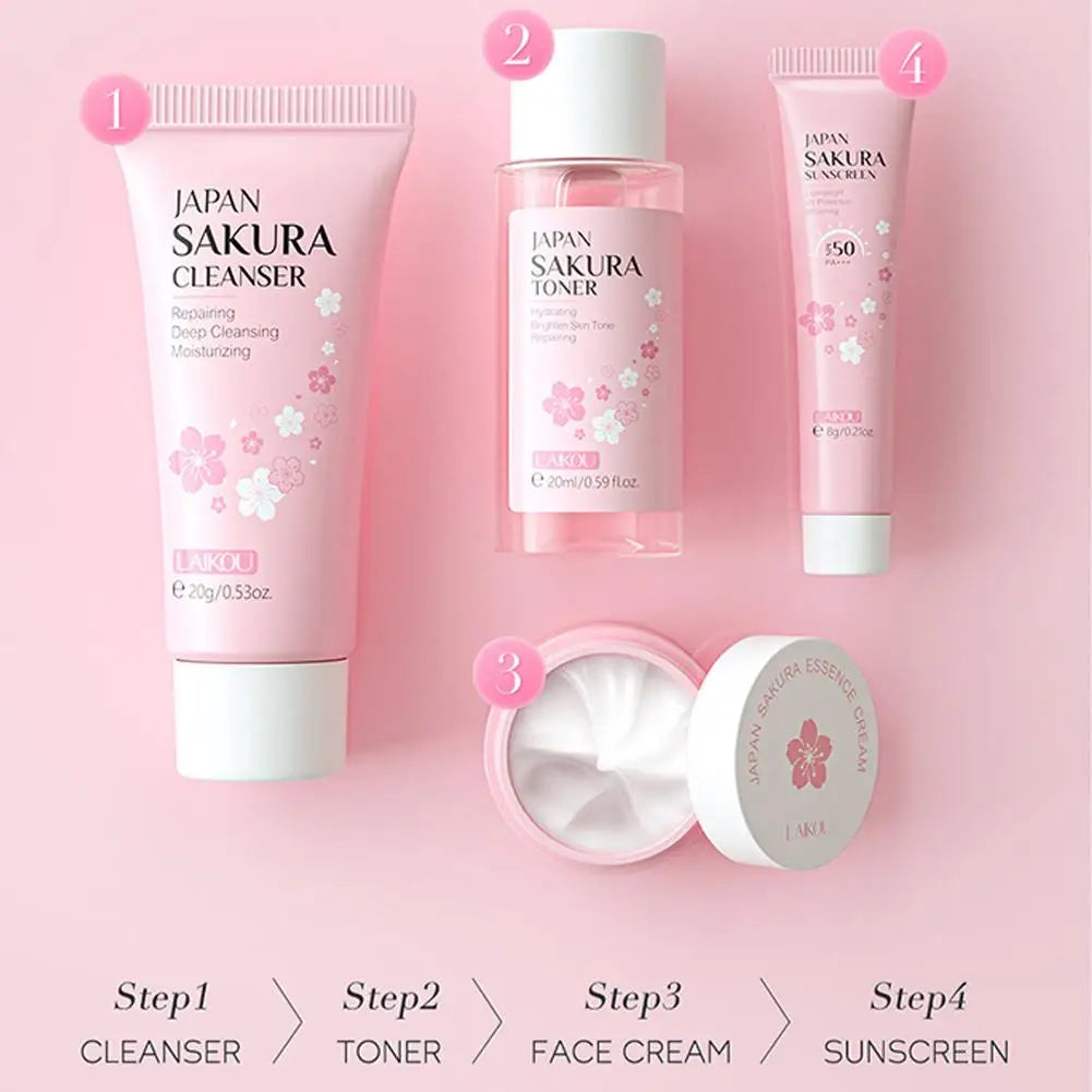 Sakura Skin Care Gift Set – Cleanser, Serum, Eye Cream & Essence Cream for Women