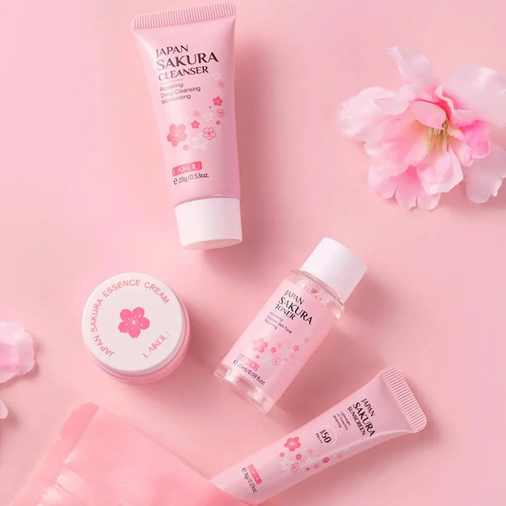 Sakura Skin Care Gift Set – Cleanser, Serum, Eye Cream & Essence Cream for Women